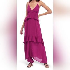 BOBEAU Ruffle Tier Woven Maxi Dress Raspberry Nwot Size XS